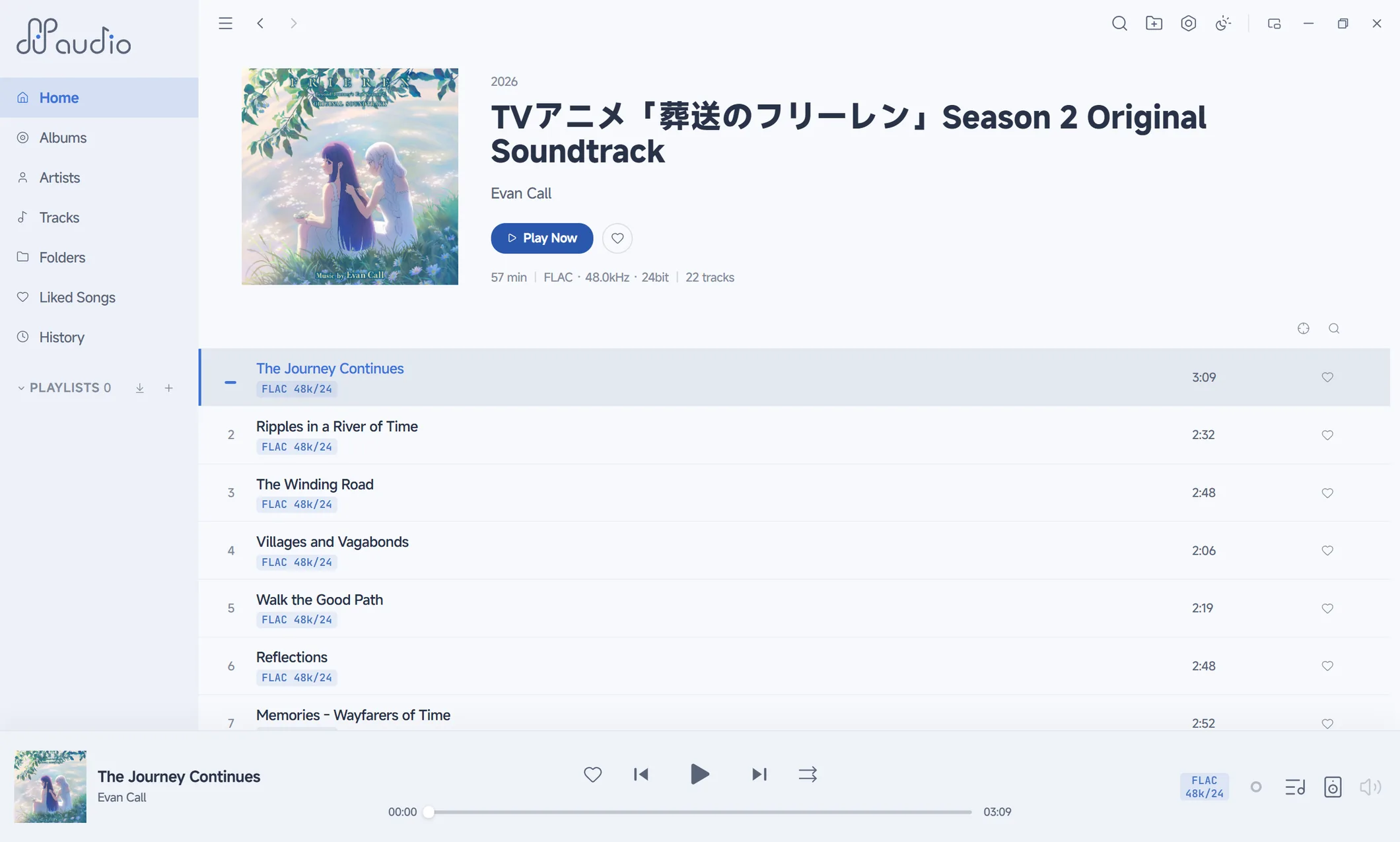 ffaudio 专辑详情页（浅色主题）：《葬送のフリーレン》Season 2 原声，57 分钟 · FLAC · 48.0kHz · 24bit · 22 首，曲目行逐条挂 FLAC 48k/24 标记。