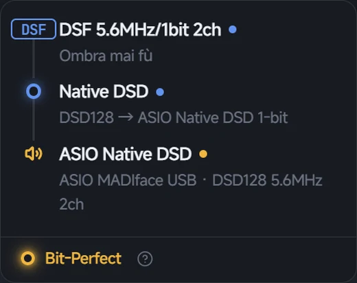 信号路径面板：DSF 5.6MHz/1bit 2ch → Native DSD（DSD128 → ASIO Native DSD 1-bit）→ ASIO Native DSD（ASIO MADIface USB · DSD128 5.6MHz 2ch），Bit-Perfect 徽章点亮。